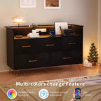 GustoWave Comodino Moderno in Legno con 5 Cassetti e Luci a LED, Cassettiera Autoportante da 120 cm, Organizzatore Contenitore con Gambe Dorate