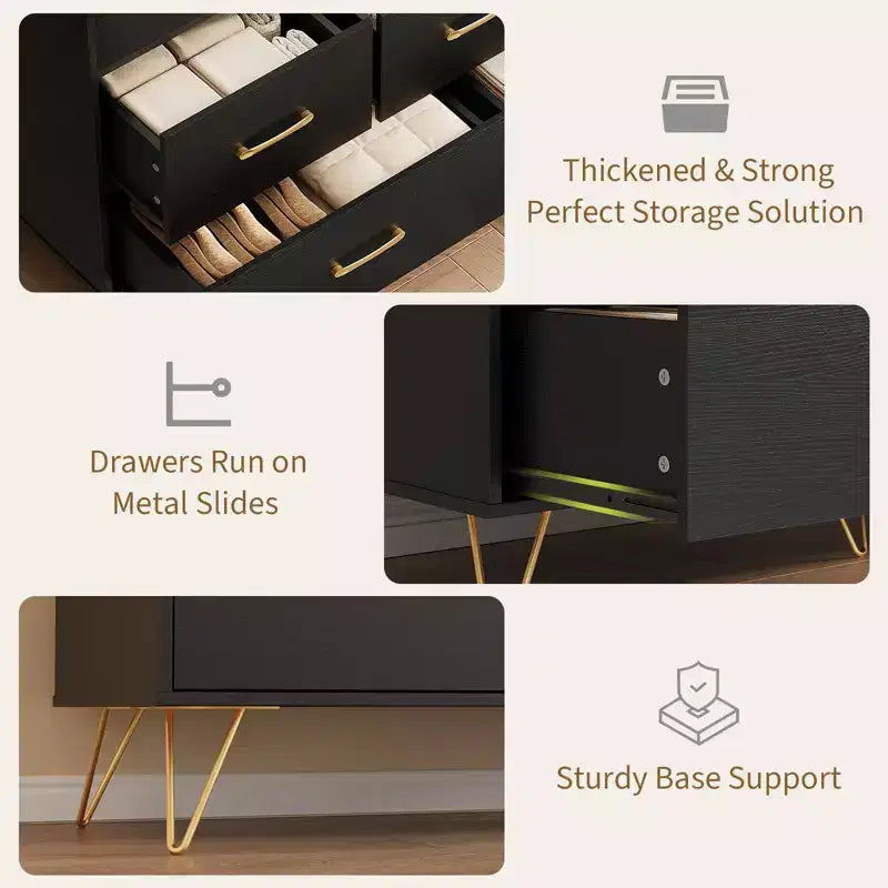 GustoWave Comodino Moderno in Legno con 5 Cassetti e Luci a LED, Cassettiera Autoportante da 120 cm, Organizzatore Contenitore con Gambe Dorate