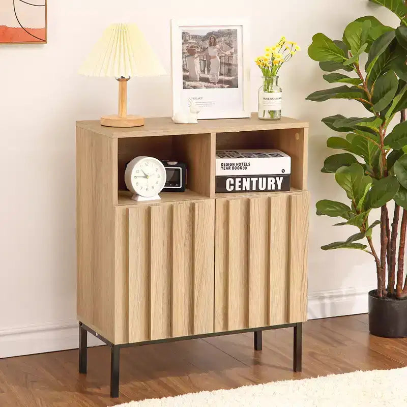 COZONY 28.7 H Industrial Buffet Cabinet, Modern Sideboard with Fluted Panel Door & Metal Legs for Living Room Dining Room