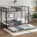 Bellemave Twin XL Over Twin XL Bunk Bed with Trundle, Heavy-Duty Metal Triple Bed Frame, Guardrails, Noise-Free, Black