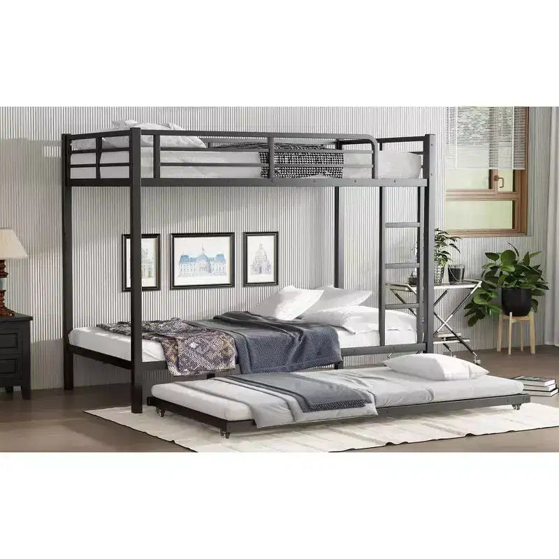 Bellemave Letto a castello Twin XL su Twin XL con letto estraibile a rotelle, struttura in metallo resistente per letto triplo, sponde di protezione, silenzioso, nero