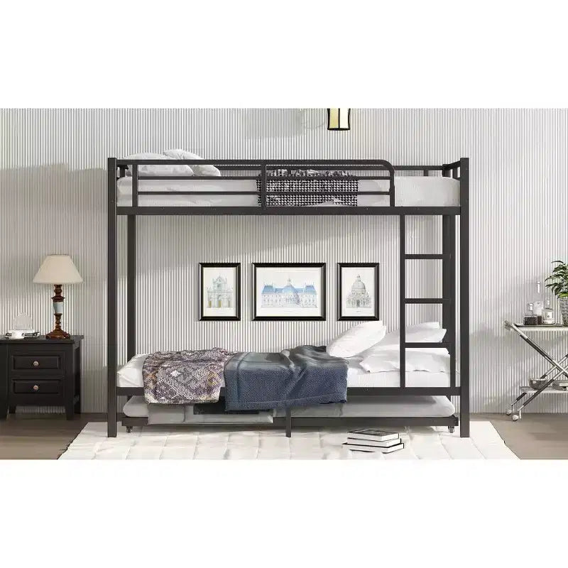 Bellemave Letto a castello Twin XL su Twin XL con letto estraibile a rotelle, struttura in metallo resistente per letto triplo, sponde di protezione, silenzioso, nero