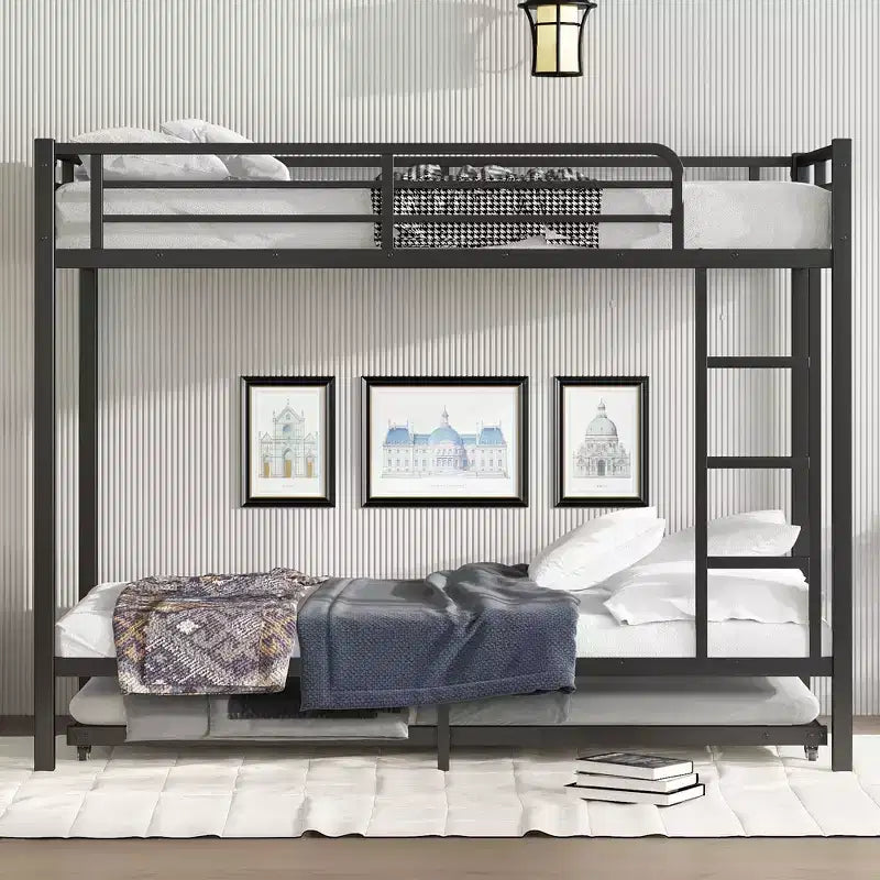 Bellemave Letto a castello Twin XL su Twin XL con letto estraibile a rotelle, struttura in metallo resistente per letto triplo, sponde di protezione, silenzioso, nero