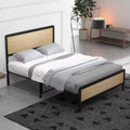 oho Style Bed Frame with Rattan Headboard, Platform Bed Frame with Strong Metal Slat Support,No Box Spring Needed,Black & Oak