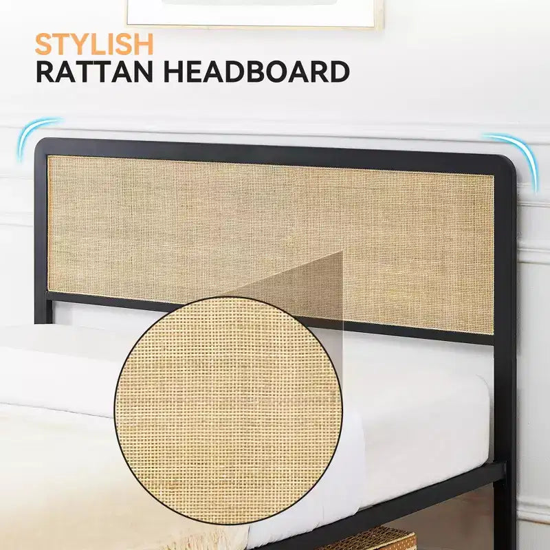 oho Struttura letto in stile con testiera in rattan, Struttura letto a piattaforma con robusto supporto a doghe in metallo, Non necessita di rete a molle, Nero e Rovere