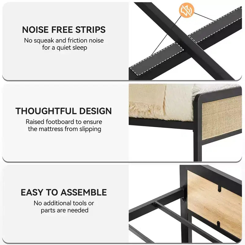 oho Struttura letto in stile con testiera in rattan, Struttura letto a piattaforma con robusto supporto a doghe in metallo, Non necessita di rete a molle, Nero e Rovere