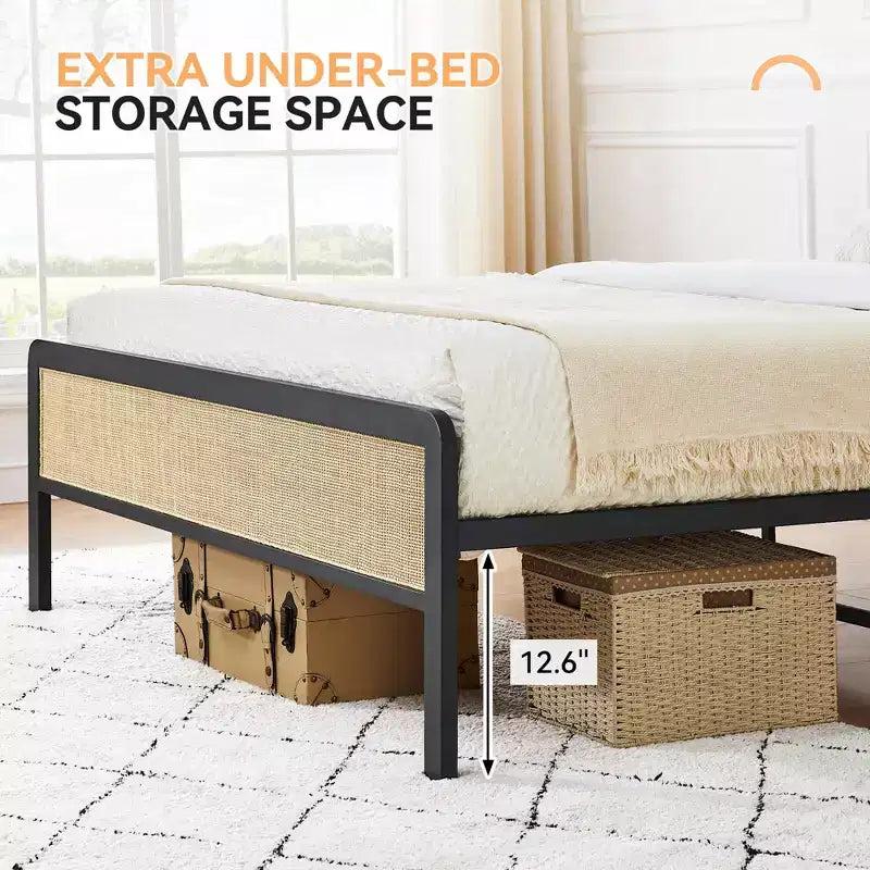 oho Struttura letto in stile con testiera in rattan, Struttura letto a piattaforma con robusto supporto a doghe in metallo, Non necessita di rete a molle, Nero e Rovere