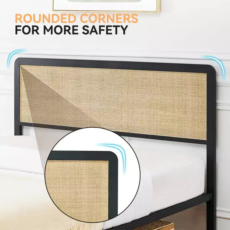oho Struttura letto in stile con testiera in rattan, Struttura letto a piattaforma con robusto supporto a doghe in metallo, Non necessita di rete a molle, Nero e Rovere