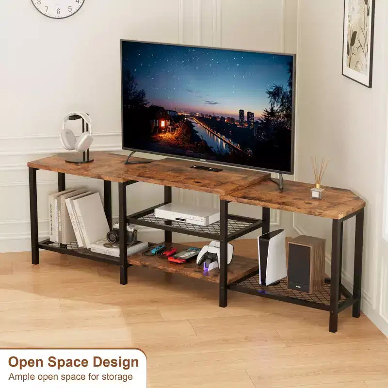 Mobile TV con quattro ripiani aperti, mobile angolare per l'intrattenimento con prese di corrente, mobile multimediale con illuminazione a LED per il soggiorno