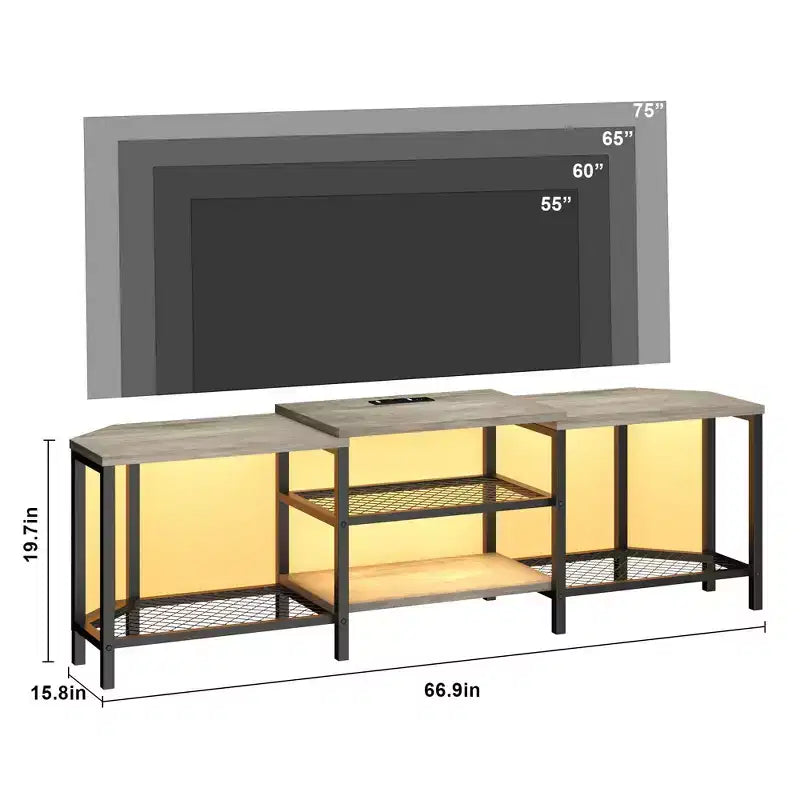 Mobile TV con quattro ripiani aperti, mobile angolare per l'intrattenimento con prese di corrente, mobile multimediale con illuminazione a LED per il soggiorno