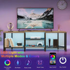 Mobile TV con quattro ripiani aperti, mobile angolare per l'intrattenimento con prese di corrente, mobile multimediale con illuminazione a LED per il soggiorno