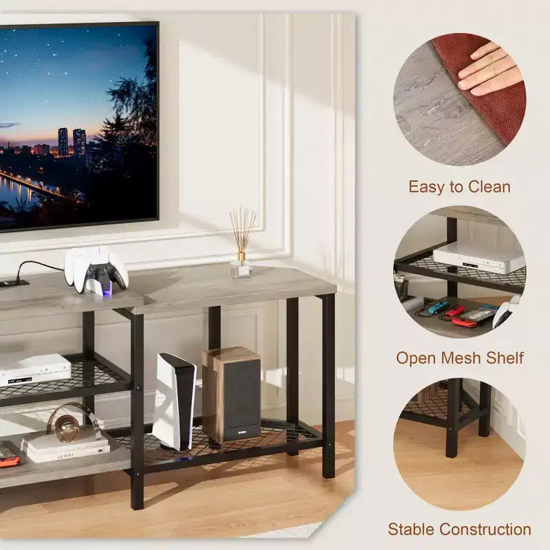 Mobile TV con quattro ripiani aperti, mobile angolare per l'intrattenimento con prese di corrente, mobile multimediale con illuminazione a LED per il soggiorno
