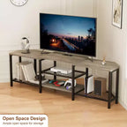 Mobile TV con quattro ripiani aperti, mobile angolare per l'intrattenimento con prese di corrente, mobile multimediale con illuminazione a LED per il soggiorno