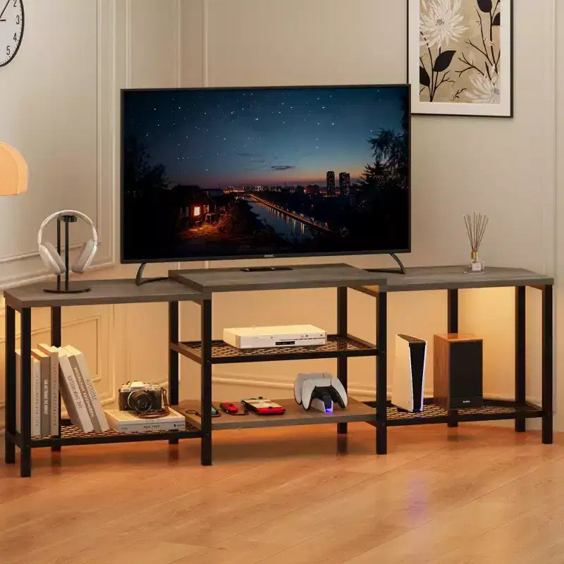 TV cabinet with four open shelving units, corner entertainment centre with power sockets, media cabinet with LED lighting for the living room