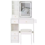Set da toeletta con prese, specchio LED con luci regolabili a 3 colori, 5 cassetti e sgabello imbottito per camera da letto.