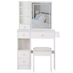 Set da toeletta con prese, specchio LED con luci regolabili a 3 colori, 5 cassetti e sgabello imbottito per camera da letto.