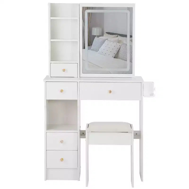 Set da toeletta con prese, specchio LED con luci regolabili a 3 colori, 5 cassetti e sgabello imbottito per camera da letto.