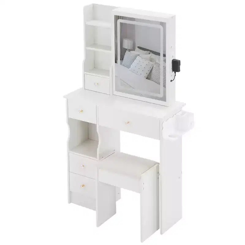 Set da toeletta con prese, specchio LED con luci regolabili a 3 colori, 5 cassetti e sgabello imbottito per camera da letto.
