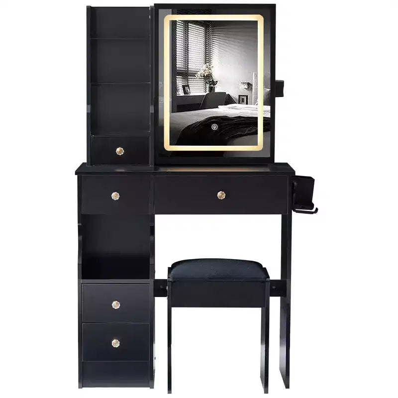 Vanity Table Set with Outlets, LED Mirror with 3-Color Adjustable Lights, 5 Drawers, and Padded Stool for Bedroom.