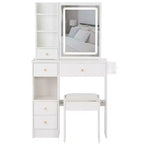 Set da toeletta con prese, specchio LED con luci regolabili a 3 colori, 5 cassetti e sgabello imbottito per camera da letto.