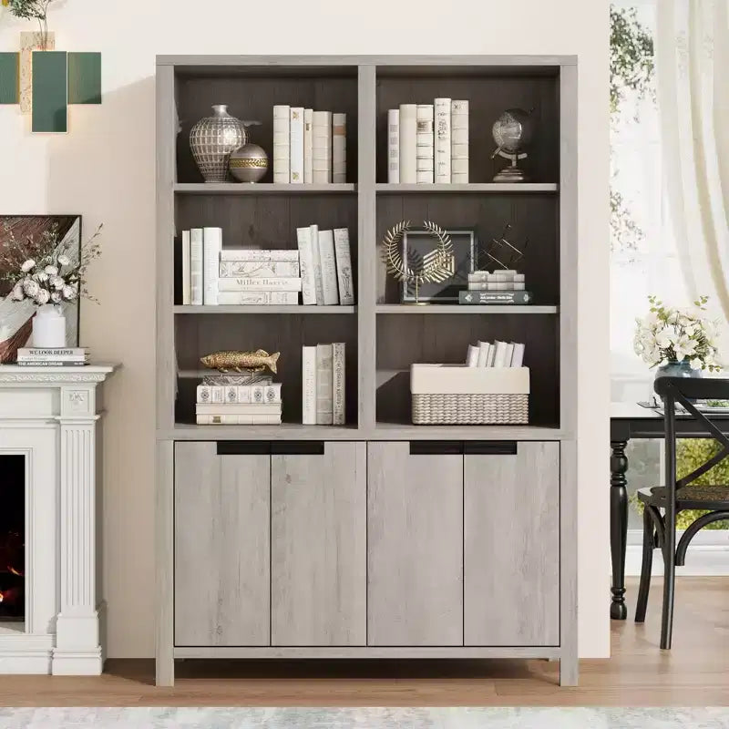 GustoWave Libreria Alta 74,5" con Doppio Contenitore, Grande Libreria a 6 Ripiani, Librerie Doppie Larghe, per Soggiorno Ufficio Biblioteca, Grigio