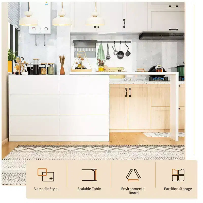 Famapy Credenza a buffet intelligente girevole/allungabile con 6 cassetti, piano d'appoggio esteso, tappetino antiscivolo, tavolo da pranzo rotante, isola cucina/dispensa