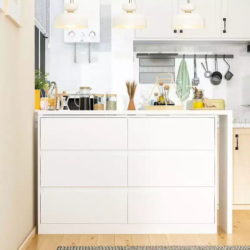 Famapy Credenza a buffet intelligente girevole/allungabile con 6 cassetti, piano d'appoggio esteso, tappetino antiscivolo, tavolo da pranzo rotante, isola cucina/dispensa