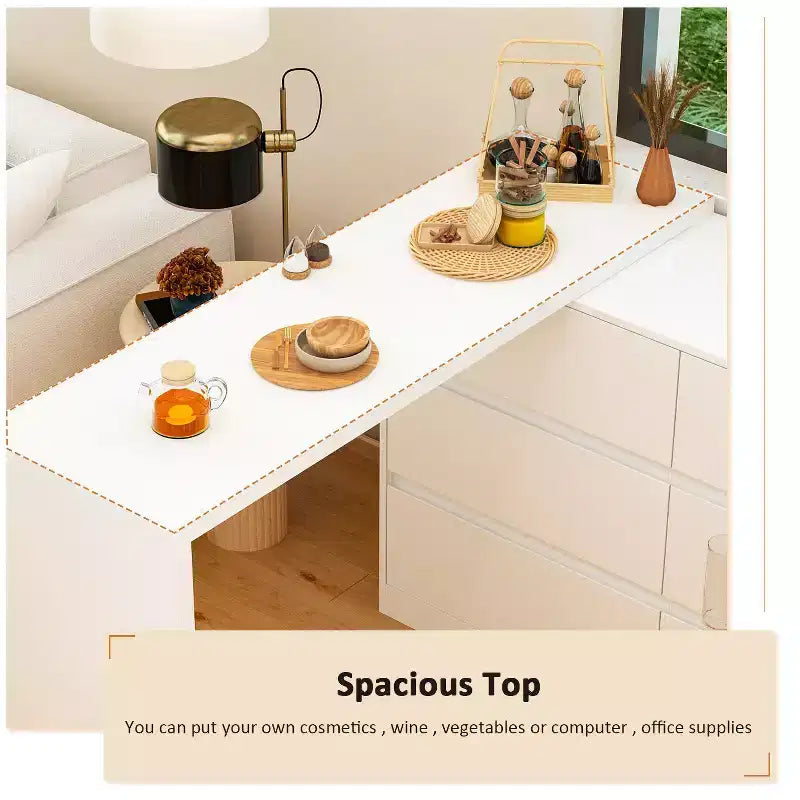 Famapy Credenza a buffet intelligente girevole/allungabile con 6 cassetti, piano d'appoggio esteso, tappetino antiscivolo, tavolo da pranzo rotante, isola cucina/dispensa