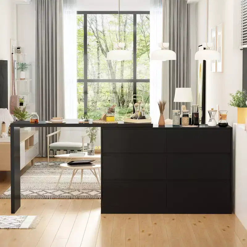 Famapy Credenza a buffet intelligente girevole/allungabile con 6 cassetti, piano d'appoggio esteso, tappetino antiscivolo, tavolo da pranzo rotante, isola cucina/dispensa