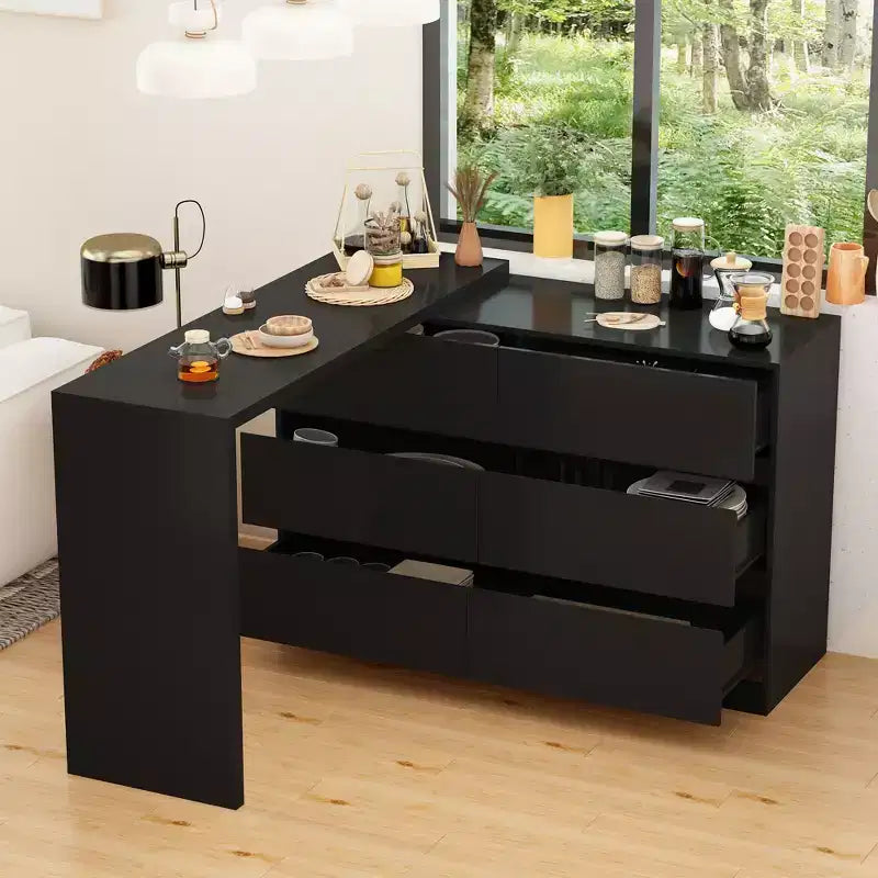 Famapy Credenza a buffet intelligente girevole/allungabile con 6 cassetti, piano d'appoggio esteso, tappetino antiscivolo, tavolo da pranzo rotante, isola cucina/dispensa