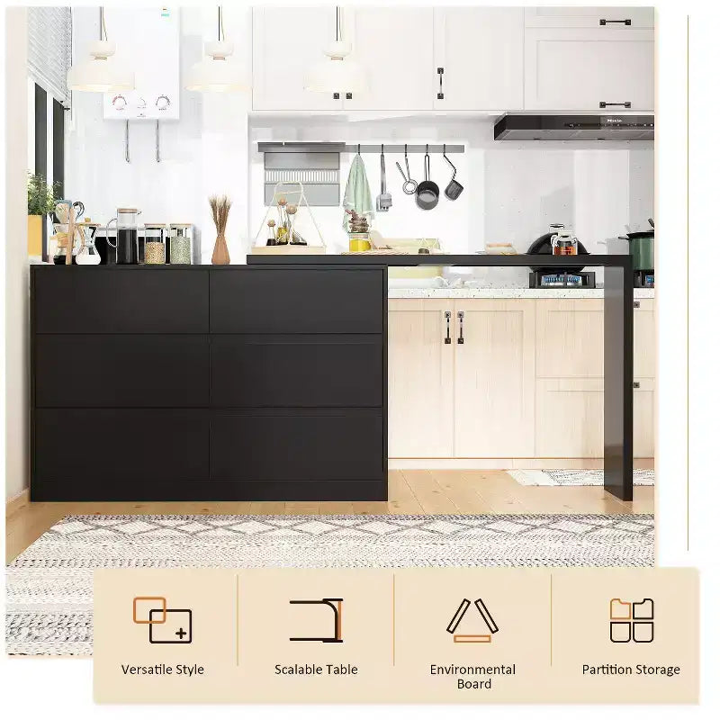 Famapy Credenza a buffet intelligente girevole/allungabile con 6 cassetti, piano d'appoggio esteso, tappetino antiscivolo, tavolo da pranzo rotante, isola cucina/dispensa