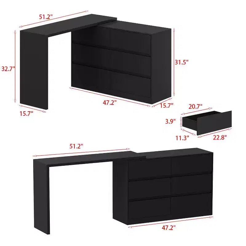 Famapy Credenza a buffet intelligente girevole/allungabile con 6 cassetti, piano d'appoggio esteso, tappetino antiscivolo, tavolo da pranzo rotante, isola cucina/dispensa