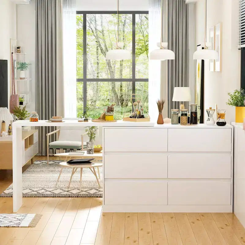 Famapy Credenza a buffet intelligente girevole/allungabile con 6 cassetti, piano d'appoggio esteso, tappetino antiscivolo, tavolo da pranzo rotante, isola cucina/dispensa