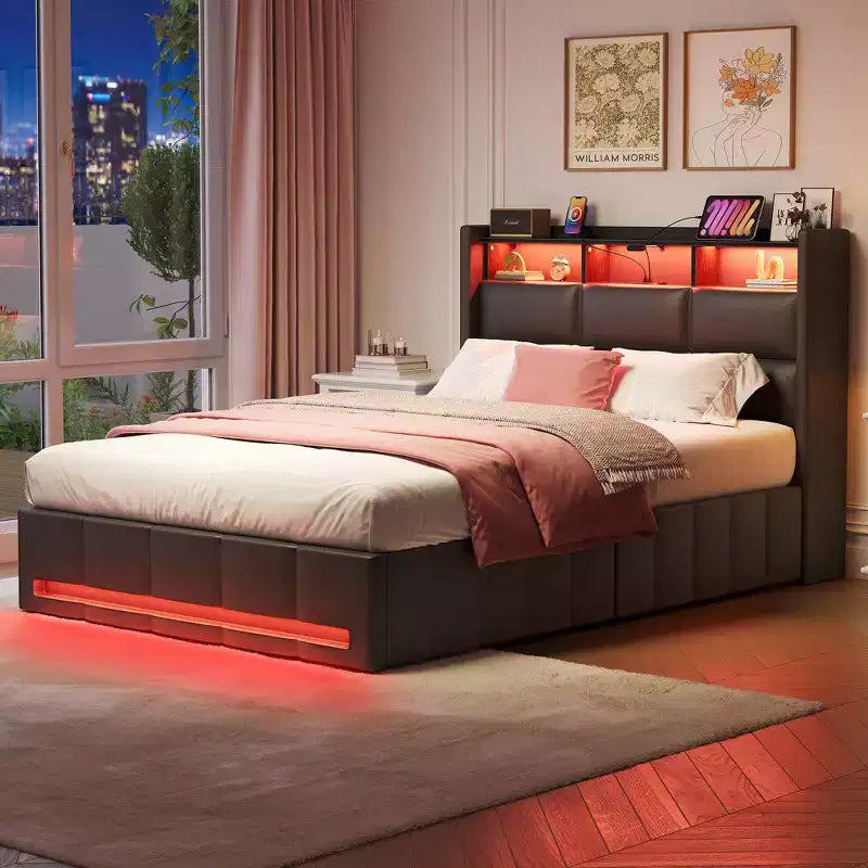 Letto contenitore imbottito Greenstell con luci a LED e stazione di ricarica, letto a piattaforma moderno, robuste doghe in legno