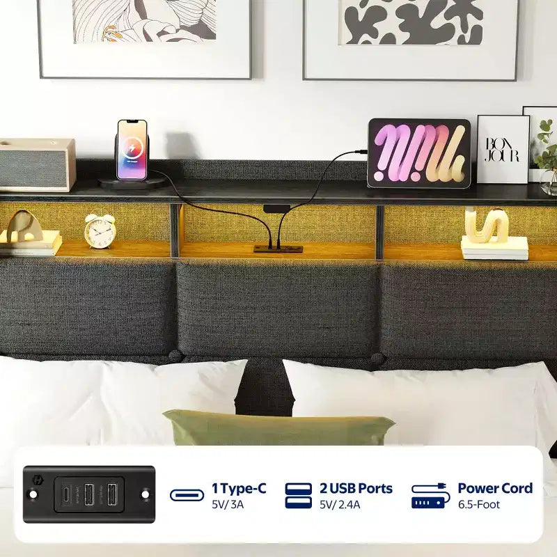 Letto contenitore imbottito Greenstell con luci a LED e stazione di ricarica, letto a piattaforma moderno, robuste doghe in legno