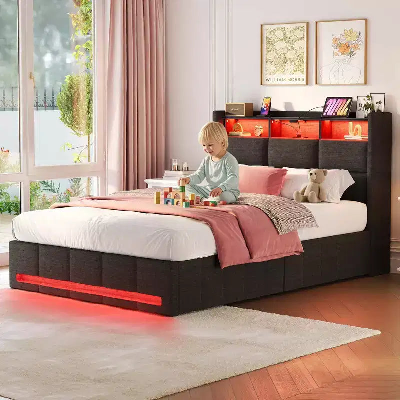 Letto contenitore imbottito Greenstell con luci a LED e stazione di ricarica, letto a piattaforma moderno, robuste doghe in legno
