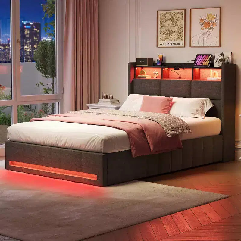 Letto contenitore imbottito Greenstell con luci a LED e stazione di ricarica, letto a piattaforma moderno, robuste doghe in legno