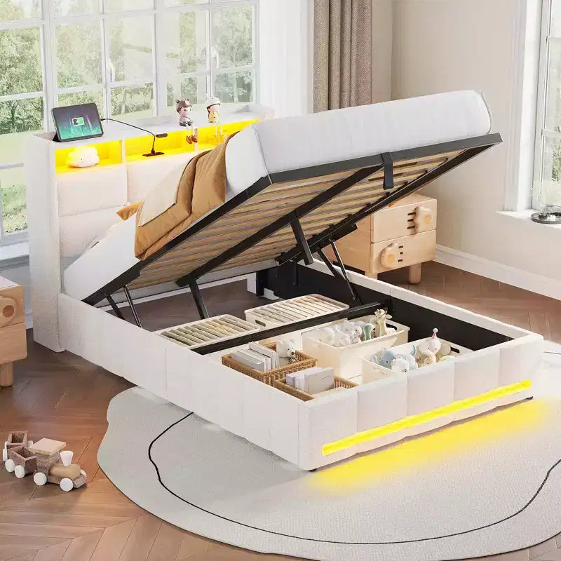 Letto contenitore imbottito Greenstell con luci a LED e stazione di ricarica, letto a piattaforma moderno, robuste doghe in legno