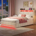 Letto contenitore imbottito Greenstell con luci a LED e stazione di ricarica, letto a piattaforma moderno, robuste doghe in legno