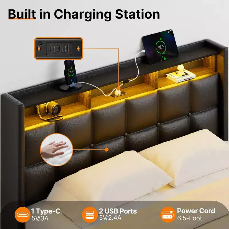 Letto contenitore imbottito Greenstell con luci a LED e stazione di ricarica, letto a piattaforma moderno, robuste doghe in legno