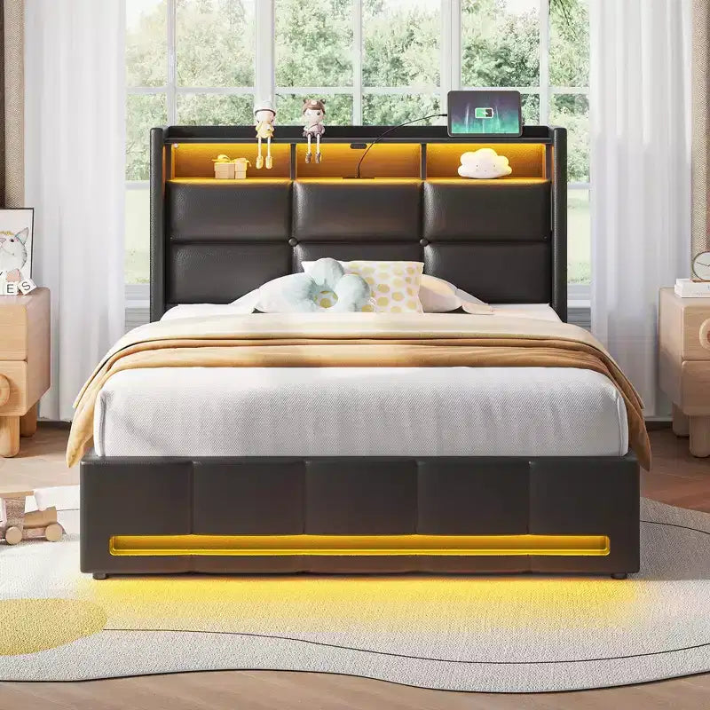 Letto contenitore imbottito Greenstell con luci a LED e stazione di ricarica, letto a piattaforma moderno, robuste doghe in legno