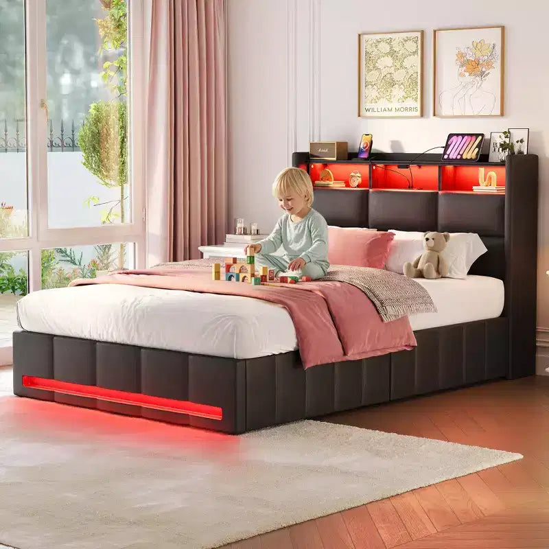 Letto contenitore imbottito Greenstell con luci a LED e stazione di ricarica, letto a piattaforma moderno, robuste doghe in legno