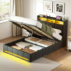 Letto contenitore imbottito Greenstell con luci a LED e stazione di ricarica, letto a piattaforma moderno, robuste doghe in legno