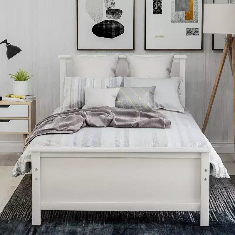 Letto a piattaforma in legno per letto singolo con testiera, pediera e doghe in legno, noce