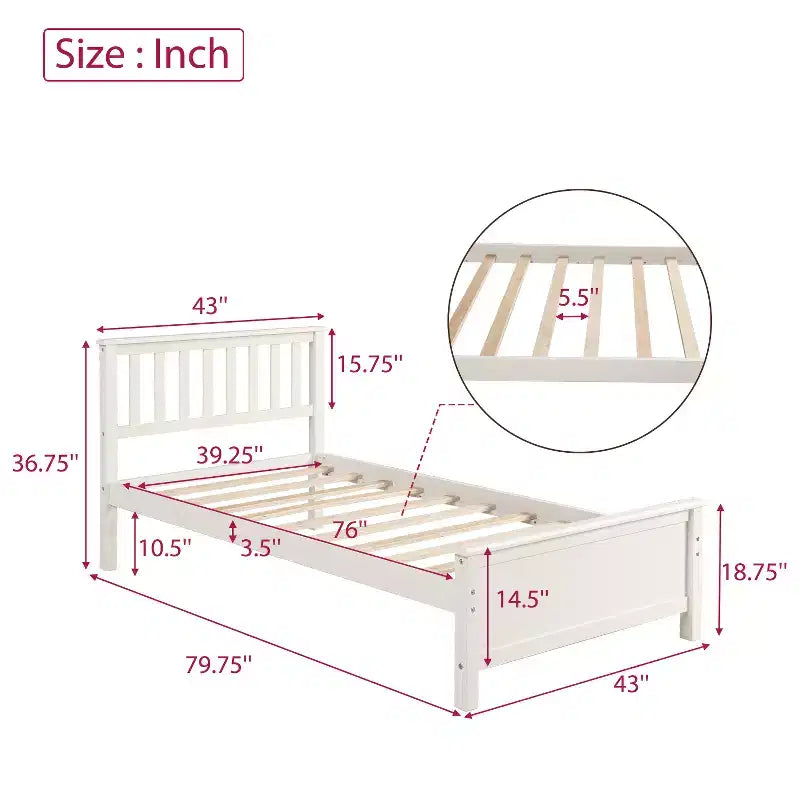 Letto a piattaforma in legno per letto singolo con testiera, pediera e doghe in legno, noce