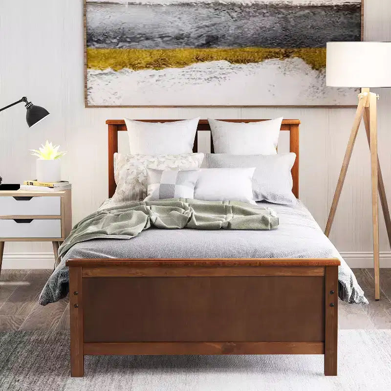 Letto a piattaforma in legno per letto singolo con testiera, pediera e doghe in legno, noce