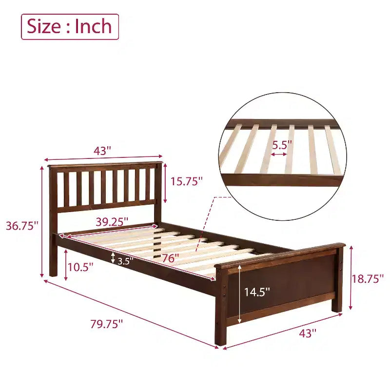 Letto a piattaforma in legno per letto singolo con testiera, pediera e doghe in legno, noce