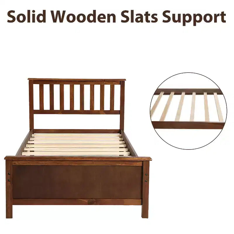 Letto a piattaforma in legno per letto singolo con testiera, pediera e doghe in legno, noce