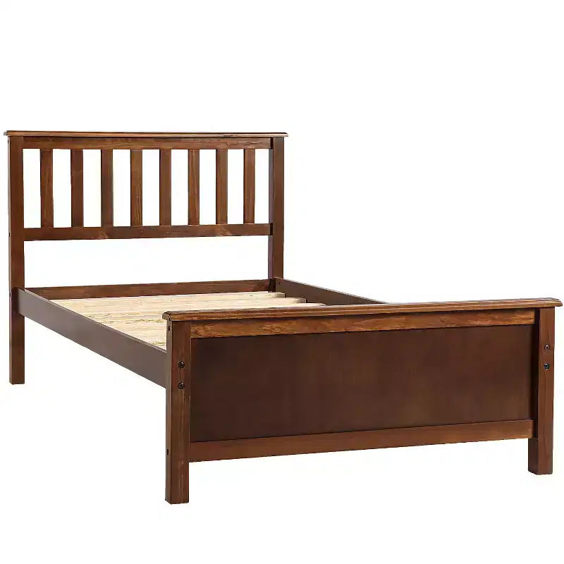Letto a piattaforma in legno per letto singolo con testiera, pediera e doghe in legno, noce