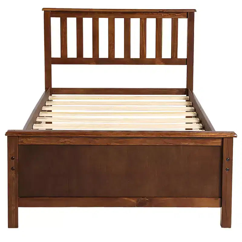 Letto a piattaforma in legno per letto singolo con testiera, pediera e doghe in legno, noce